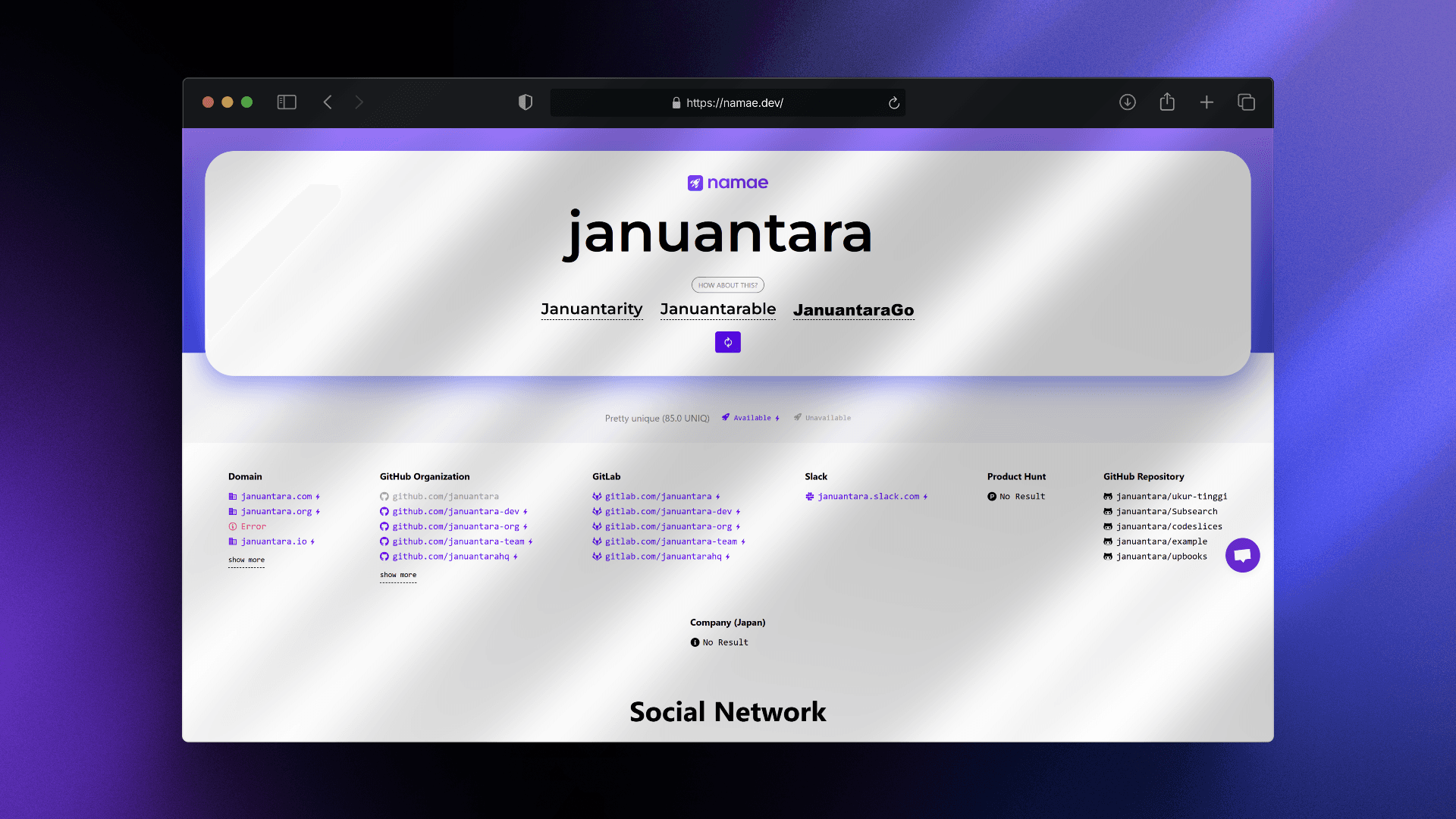 Namae.dev: Tools Sederhana Untuk Riset Nama Projectmu
