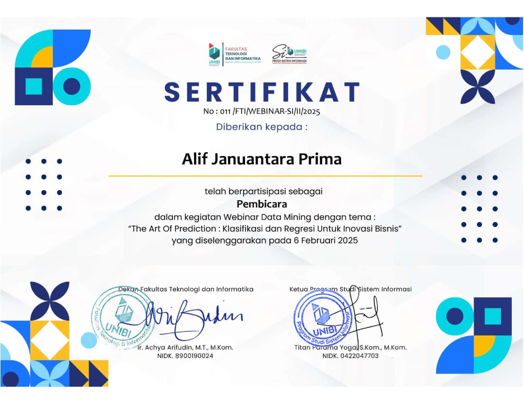 Speaker Webinar Data Mining (The Art of Prediction: Klasifikasi dan Regresi Untuk Inovasi Bisnis)