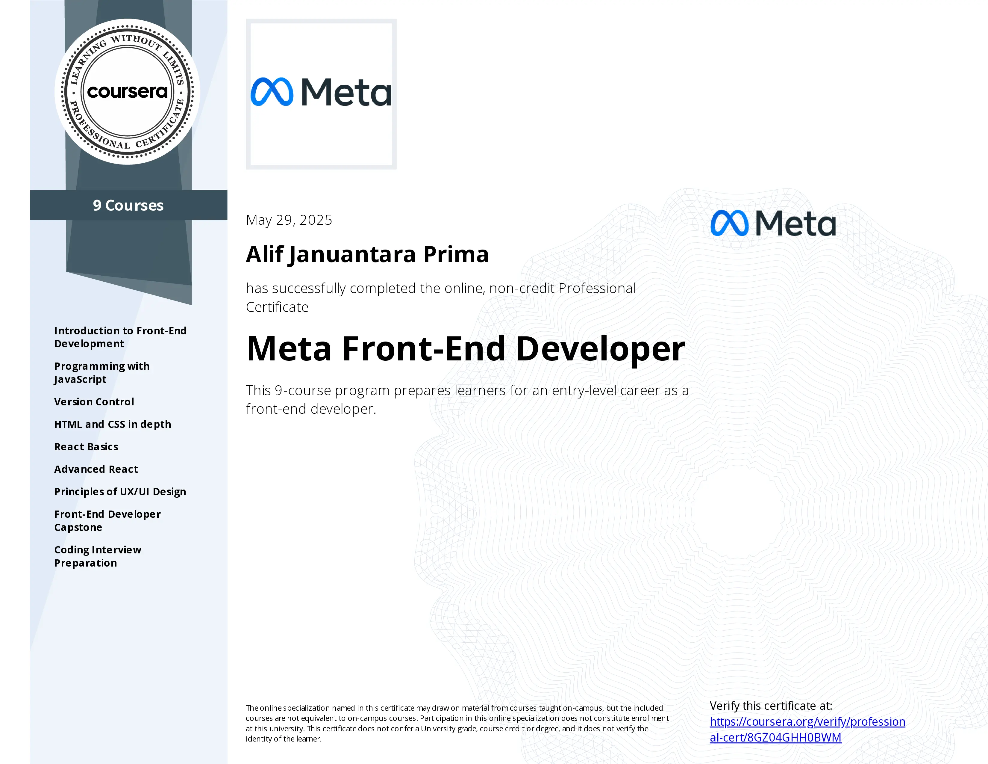 Meta Certificate Format Certifications | Professional Certificates & Achievements